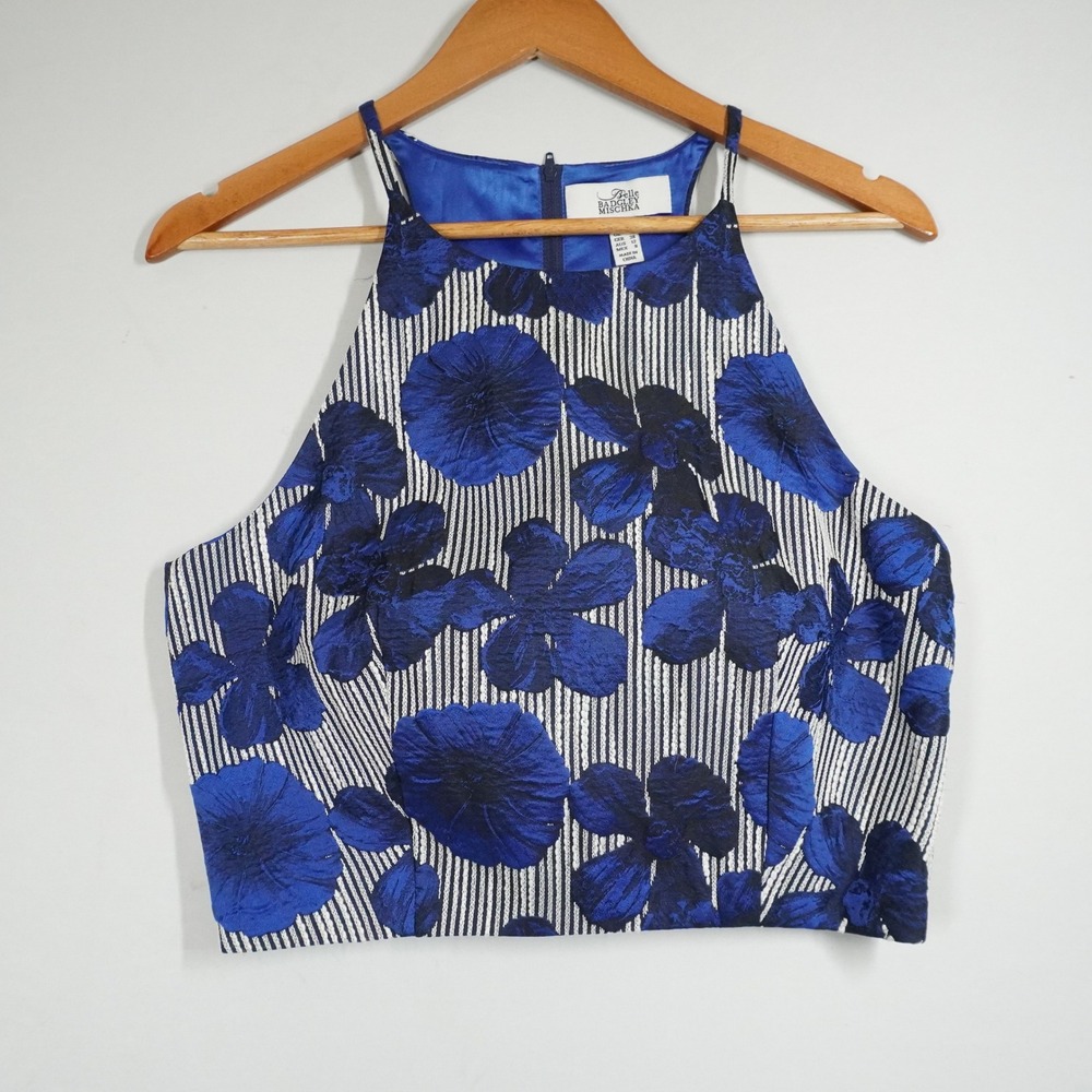 Belle Badgley Mischka Blue Floral Jacquard Striped Halter Crop Top 8 Going‎ Out